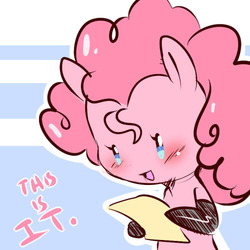 Size: 500x500 | Tagged: safe, artist:cold-blooded-twilight, pinkie pie, g4, blushing, dialogue, explicit source, female, kinkie pie, latex, solo, tumblr