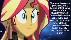 Size: 1358x764 | Tagged: safe, sunset shimmer, equestria girls, friendship through the ages, g4, my little pony equestria girls: rainbow rocks, blade runner, female, movie reference, roy batty, solo, tears in rain, text