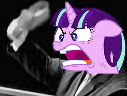 Size: 480x360 | Tagged: safe, edit, starlight glimmer, g4, the cutie map, angry, clothes, communism, cross-popping veins, female, kuzma's mother, nikita khrushchev, rage, ragelight glimmer, s5 starlight, shoes, solo, suit, vein
