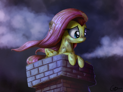 Size: 800x600 | Tagged: safe, artist:mastgrr, fluttershy, pegasus, pony, g4, the cutie map, chimney, female, fluttersoot, folded wings, looking away, looking down, pixiv, scene interpretation, solo, soot, windswept mane
