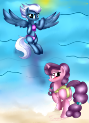 Size: 2183x3000 | Tagged: safe, artist:sugarrush015, night glider, sugar belle, earth pony, pegasus, pony, g4, the cutie map, beach, bikini, butt, clothes, duo, female, high res, mare, plot, swimsuit