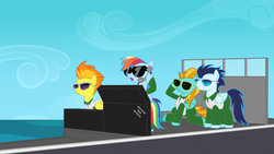 Size: 3200x1800 | Tagged: safe, artist:totallynotabronyfim, lightning dust, rainbow dash, soarin', spitfire, g4, aircraft carrier, military, navy, phone, sunglasses