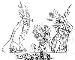 Size: 865x691 | Tagged: safe, artist:arael8879, discord, king sombra, queen chrysalis, g4, monochrome