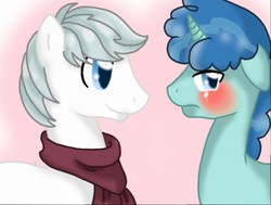 Size: 512x387 | Tagged: safe, double diamond, party favor, earth pony, pony, unicorn, g4, the cutie map, blushing, clothes, duo, gay, male, scarf, ship:partydiamond, shipping, stallion