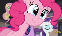 Size: 1743x1007 | Tagged: safe, screencap, fluttershy, pinkie pie, rarity, twilight sparkle, alicorn, earth pony, pegasus, pony, unicorn, g4, season 5, the cutie map, discovery family, discovery family logo, female, flying, horn, logo, reaction image, solo focus, twilight sparkle (alicorn)