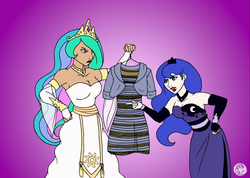 Size: 1126x800 | Tagged: safe, artist:subduedmoon, princess celestia, princess luna, human, g4, annoyed, argument, cleavage, clothes, dress, female, frown, glare, hair over one eye, humanized, pointing, white and gold or black and blue dress meme