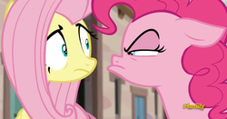 Size: 1905x999 | Tagged: safe, screencap, fluttershy, pinkie pie, earth pony, pegasus, pony, g4, season 5, the cutie map, discovery family, discovery family logo, female, logo, mare, reaction image, when she doesn't smile