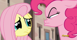 Size: 1917x997 | Tagged: safe, screencap, fluttershy, pinkie pie, earth pony, pegasus, pony, g4, season 5, the cutie map, discovery family, discovery family logo, female, logo, mare, reaction image, unamused, when she doesn't smile