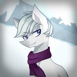 Size: 1600x1600 | Tagged: safe, artist:praxinas, double diamond, earth pony, pony, g4, clothes, eyebrows, eyebrows visible through hair, handsome, male, mountain, scarf, snow, snowfall, solo, stallion