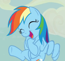 Size: 1025x969 | Tagged: safe, screencap, rainbow dash, pegasus, pony, g4, the cutie map, cute, dashabetes, eyes closed, female, flying, laughing, mare, open mouth, reaction image, smiling, solo, spread wings