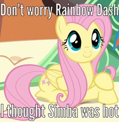Size: 532x546 | Tagged: safe, screencap, fluttershy, pegasus, pony, g4, crossed hooves, female, implied bestiality, implied flutterzoo, mare, meme, prone, simba, smiling, solo, the lion king