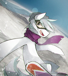 Size: 1280x1431 | Tagged: dead source, safe, artist:glacierponi, double diamond, earth pony, pony, g4, the cutie map, clothes, goggles, male, open mouth, scarf, snow, snowboard, solo, stallion