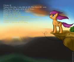 Size: 1435x1208 | Tagged: safe, artist:kiyoshiii, scootaloo, pegasus, pony, g4, blank flank, cliff, female, solo, sunrise, text, windswept mane