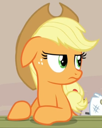 Size: 681x851 | Tagged: safe, screencap, applejack, sugar belle, pony, g4, my little pony: friendship is magic, the cutie map, applejack is not amused, reaction image, unamused