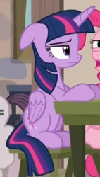 Size: 339x595 | Tagged: safe, screencap, pinkie pie, sugar belle, twilight sparkle, alicorn, pony, g4, season 5, the cutie map, equal cutie mark, female, floppy ears, frown, mare, offscreen character, reaction image, sitting, solo focus, stool, table, twilight sparkle (alicorn), twilight sparkle is not amused, unamused