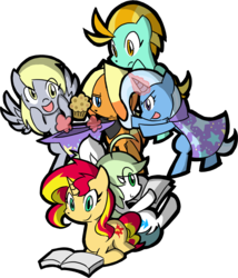 Size: 710x829 | Tagged: safe, artist:rvceric, derpy hooves, lightning dust, sunset shimmer, trixie, oc, oc:emerald green, oc:flint trigger, pony, g4, alternate mane six, book, group, muffin, pixiv, simple background, transparent background