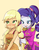 Size: 431x555 | Tagged: dead source, safe, artist:baekgup, applejack, rarity, equestria girls, friendship through the ages, g4, my little pony equestria girls: rainbow rocks, alternate hairstyle, blushing, braiding, country applejack, cute, female, hatless, jackabetes, lesbian, missing accessory, sgt. rarity, ship:rarijack, shipping, sleeveless