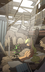 Size: 513x820 | Tagged: safe, artist:yassan, applejack, g4, female, pixiv, ruins, sapling, solo, tree