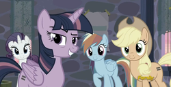 Size: 1913x981 | Tagged: safe, screencap, applejack, rainbow dash, rarity, twilight sparkle, alicorn, pony, g4, the cutie map, female, mare, reaction image, twilight sparkle (alicorn)