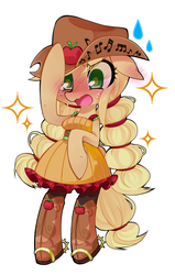 Size: 1023x1611 | Tagged: safe, artist:katuhira_rinmi, applejack, earth pony, pony, friendship through the ages, g4, bipedal, blushing, clothes, country applejack, cute, dress, equestria girls outfit, female, floppy ears, jackabetes, simple background, solo, white background