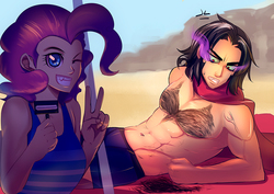 Size: 990x700 | Tagged: safe, artist:bakki, king sombra, pinkie pie, human, g4, beach, chest hair, fangs, glowing eyes, grin, gritted teeth, humanized, looking at you, on back, razor, smiling, sweatdrop, this will end in tears and/or death, wide eyes, wink