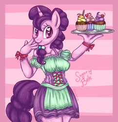 Size: 1177x1216 | Tagged: dead source, safe, artist:twinkytwily, sugar belle, unicorn, anthro, g4, the cutie map, clothes, cupcake, cute, dirndl, dress, female, heart eyes, looking at you, mare, solo, sugarbetes, wingding eyes