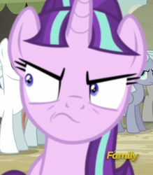 Size: 867x991 | Tagged: safe, screencap, double diamond, dusk drift, starlight glimmer, pony, unicorn, g4, season 5, the cutie map, angry, discovery family, discovery family logo, female, horn, logo, mare, reaction image, s5 starlight, solo focus