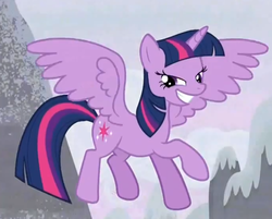 Size: 1029x827 | Tagged: safe, screencap, twilight sparkle, alicorn, pony, g4, the cutie map, female, flying, grin, lidded eyes, mare, reaction image, smiling, solo, spread wings, twilight sparkle (alicorn)