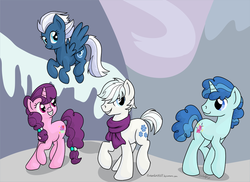 Size: 1024x745 | Tagged: safe, artist:emberfall0507, double diamond, night glider, party favor, sugar belle, earth pony, pegasus, pony, unicorn, g4, the cutie map, clothes, cute, double dawwmond, equal four, favorbetes, female, flying, glideabetes, grin, lidded eyes, looking back, male, mare, raised hoof, raised leg, scarf, smiling, smirk, snow, spread wings, squee, stallion, sugarbetes, walking, wings