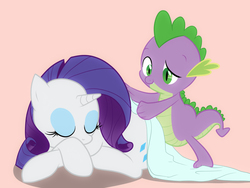 Size: 1600x1200 | Tagged: safe, artist:zigrock, rarity, spike, g4, blanket, female, male, pixiv, ship:sparity, shipping, simple background, sleeping, straight