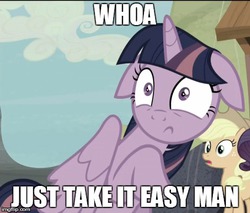 Size: 490x417 | Tagged: safe, screencap, applejack, rarity, twilight sparkle, alicorn, pony, g4, the cutie map, caption, drake & josh, female, floppy ears, image macro, mare, meme, reaction image, shut up twilight, twilight sparkle (alicorn)