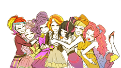 Size: 1280x720 | Tagged: safe, artist:chiyoneun, applejack, fluttershy, pinkie pie, rainbow dash, rarity, sunset shimmer, twilight sparkle, human, equestria girls, friendship through the ages, g4, country applejack, eyes closed, folk fluttershy, group hug, high heels, humane five, humane seven, humane six, humanized, new wave pinkie, open mouth, pianist twilight, rainbow punk, sgt. rarity, simple background, sleeveless, smiling, twilight sparkle (alicorn), white background