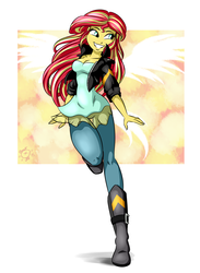 Size: 2200x3000 | Tagged: safe, artist:ponut_joe, sunset shimmer, equestria girls, g4, my past is not today, abstract background, beautiful, clothes, cute, female, full body, grin, high res, shimmerbetes, smiling, solo, sunset phoenix, wings