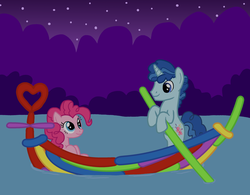 Size: 2890x2255 | Tagged: dead source, safe, artist:tineid, party favor, pinkie pie, earth pony, unicorn, g4, the cutie map, balloon, boat, cute, duo, female, gondola, heart, high res, male, mare, pond, ship:partypie, shipping, stallion, stars, straight
