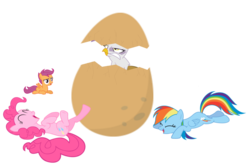 Size: 1024x688 | Tagged: safe, gilda, pinkie pie, rainbow dash, scootaloo, griffon, g4, easter, egg, holiday, laughing, simple background, transparent background, unamused, vector