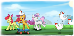 Size: 2000x979 | Tagged: safe, artist:milanoss, apple bloom, scootaloo, sweetie belle, chicken, g4, cutie mark crusaders, meme, scootachicken, scooter