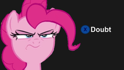 Size: 670x380 | Tagged: safe, pinkie pie, earth pony, pony, doubt, faic, female, frown, glare, image macro, l.a. noire, mare, meme, press x to doubt, reaction image, reference, solo, suspicious, when she doesn't smile