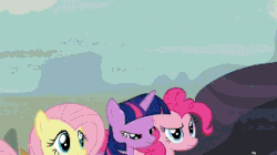 Size: 300x168 | Tagged: safe, screencap, rainbow dash, earth pony, pegasus, pony, unicorn, g4, season 5, the cutie map, animated, animation error, applejack's hat, are you frustrated?, cowboy hat, female, great moments in animation, hat, mare, meme, necc, nightmare fuel, non-looping gif, rainbow girrash, wat