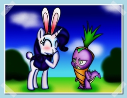 Size: 1110x856 | Tagged: safe, artist:lennonblack, rarity, spike, dragon, pony, unicorn, g4, blushing, bunny ears, carrot, clothes, costume, cute, embarrassed, eyes closed, female, frown, giggling, glare, grin, hoof over mouth, male, mare, playboy bunny, raribetes, ship:sparity, shipping, smiling, straight, unamused