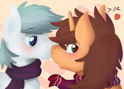 Size: 1024x736 | Tagged: dead source, safe, artist:blackligerth, double diamond, oc, earth pony, pony, unicorn, g4, canon x oc, clothes, gay, male, scarf, shipping, stallion