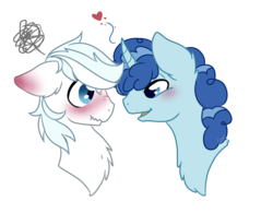 Size: 1765x1378 | Tagged: safe, artist:mondlichtkatze, double diamond, party favor, earth pony, pony, unicorn, g4, the cutie map, blushing, gay, heart, male, portrait, scrunchy face, ship:partydiamond, shipping, simple background, stallion, tsundere