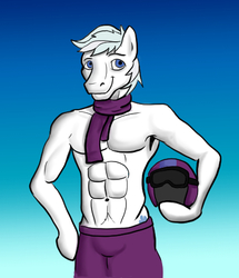 Size: 409x476 | Tagged: safe, artist:zafuyu, double diamond, anthro, g4, abs, belly button, clothes, male, ripped, scarf, skiing helmet, solo, topless