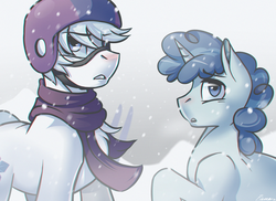 Size: 1280x931 | Tagged: dead source, safe, alternate version, artist:whitepone, double diamond, party favor, earth pony, pony, unicorn, g4, the cutie map, clothes, duo, helmet, male, scarf, snow, snowfall, stallion