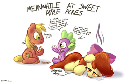 Size: 1000x647 | Tagged: safe, artist:bobdude0, apple bloom, big macintosh, spike, dragon, earth pony, pony, g4, the cutie map, baseball, bored, dialogue, drool, hoofball, male, simple background, speech bubble, stallion, white background