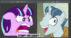 Size: 518x277 | Tagged: safe, artist:dasprid, party favor, starlight glimmer, derpibooru, g4, my little pony: friendship is magic, the cutie map, angry, bust, cross-popping veins, derp, exploitable meme, faic, i didn't listen, juxtaposition, juxtaposition win, meme, meta, ms paint, quiet, ragelight glimmer, ren and stimpy, vein, vein bulge