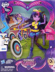 Size: 750x977 | Tagged: safe, sci-twi, twilight sparkle, equestria girls, g4, my little pony equestria girls: friendship games, arrow, backcard, bow (weapon), bow and arrow, crystal prep academy, crystal prep shadowbolts, equestria girls logo, female, ponied up, solo, sporty style, toy, weapon