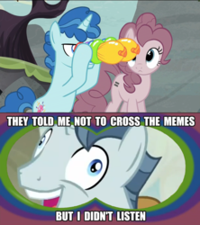 Size: 960x1080 | Tagged: safe, screencap, party favor, pinkie pie, earth pony, pony, unicorn, g4, my little pony: friendship is magic, the cutie map, balloon vision, crossing the memes, equal cutie mark, exploitable meme, female, i didn't listen, image macro, male, mare, meme, self ponidox, stallion