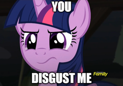 Size: 488x344 | Tagged: safe, screencap, twilight sparkle, alicorn, pony, g4, the cutie map, caption, disgusted, female, image macro, mare, meme, reaction image, solo, twilight sparkle (alicorn)