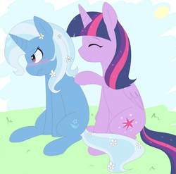 Size: 1280x1263 | Tagged: source needed, safe, artist:pegacornss, trixie, twilight sparkle, alicorn, pony, g4, blushing, cute, diatrixes, female, flower, flower in hair, lesbian, mare, ship:twixie, shipping, tsundere, tsunderixie, twiabetes, twilight sparkle (alicorn)