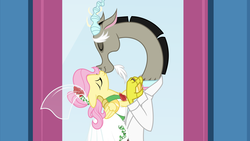 Size: 5329x2996 | Tagged: safe, artist:discordedproductions, discord, fluttershy, draconequus, pegasus, pony, fanfic:bride of discord, g4, cute, duo, eyes closed, fanfic art, female, kissing, male, ship:discoshy, shipping, straight, wedding